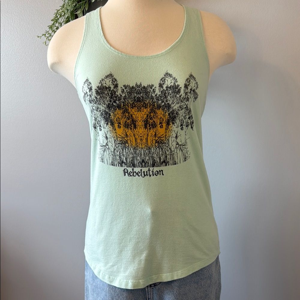 EUC Rebelution Women's Mint Green Graphic Band Tank Top Size Small